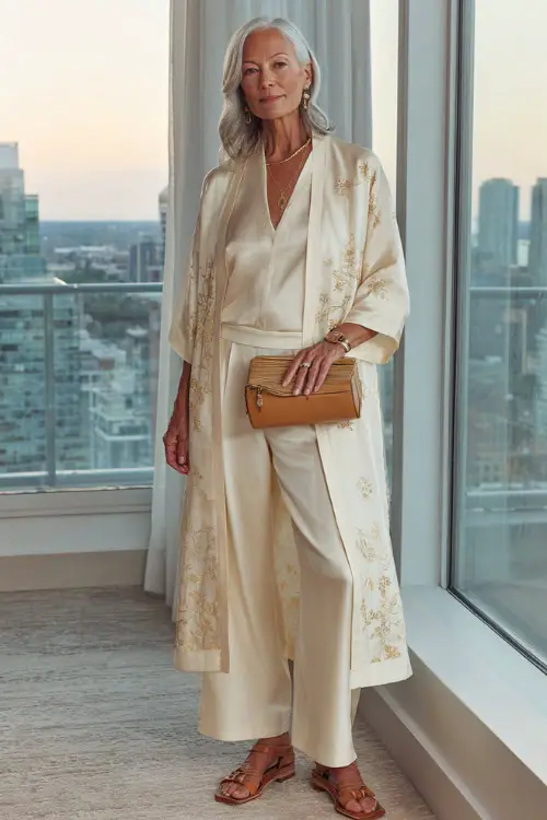 A woman in her 50s wearing a classic three-piece ensemble featuring a long-line silk kimono-style robe in soft ivory over a fitted silk blouse , tailored wide-leg trousers