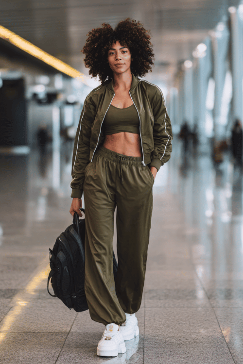 Black woman with a curly afro wearing a sleek matching athletic set in deep olive green a cropped zip-up jacket and wide-leg track pants with chunky white platform sneakers 