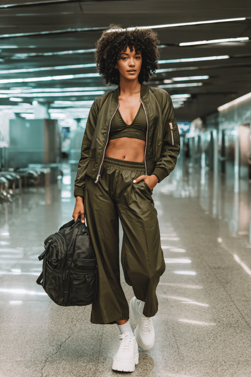Black woman with a curly afro wearing a sleek matching athletic set in deep olive green a cropped zip-up jacket and wide-leg track pants with chunky white platform sneakers