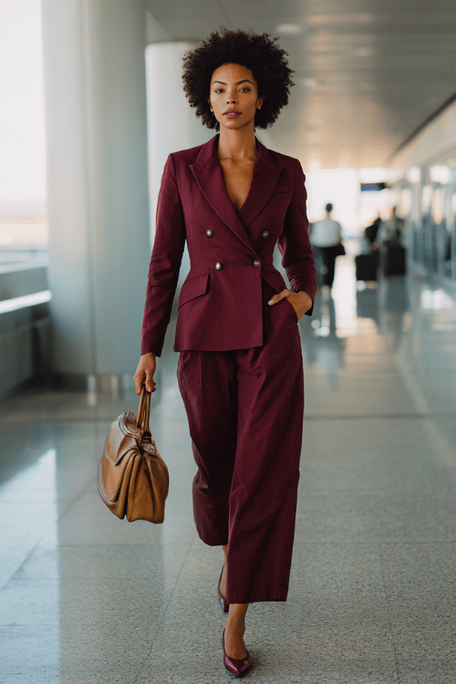 Black woman with a sleek natural afro wearing a sharp double-breasted pantsuit in deep burgundy with a fitted blazer and wide-leg trousers, paired with pointed-toe heeled leather loafers 