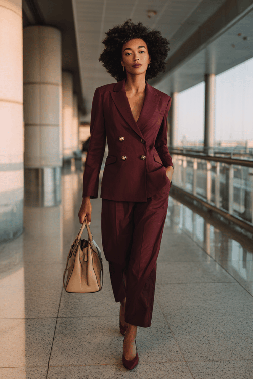 Black woman with a sleek natural afro wearing a sharp double-breasted pantsuit in deep burgundy with a fitted blazer and wide-leg trousers, paired with pointed-toe heeled leather loafers