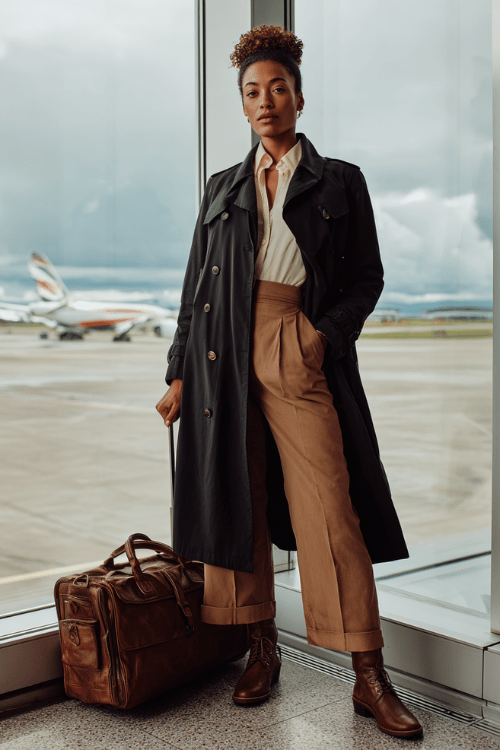 Black woman with a sophisticated updo wearing a classic black trench coat over a fitted ivory silk blouse and tailored straight-leg trousers in warm camel, with brown leather Chelsea boots 