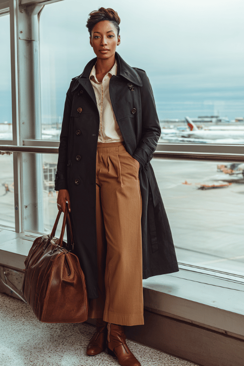 Black woman with a sophisticated updo wearing a classic black trench coat over a fitted ivory silk blouse and tailored straight-leg trousers in warm camel, with brown leather Chelsea boots