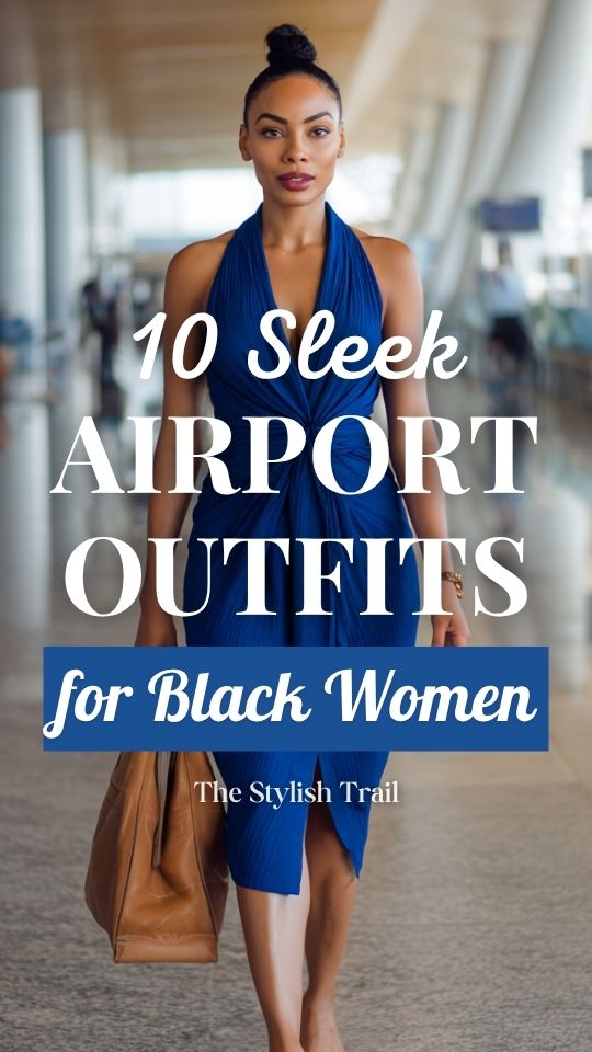Black woman with an airport outfit with a high bun hairstyle wearing a rich cobalt blue wrap dress with a flattering silhouette and midi length, paired with nuetral block heel sandals