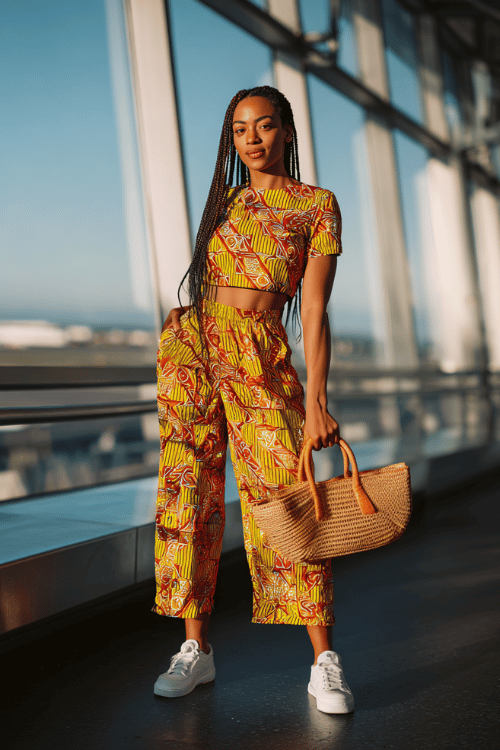 Black woman with braided hair wearing a vibrant Ankara print co-ord set a cropped short-sleeve top and wide-leg pants in bold yellow and orange tones with white leather sneakers 