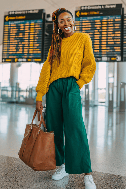 Black woman with colorful highlighted locs wearing a bold color-block outfit an oversized mustard yellow crewneck sweater over straight-leg forest green wide-leg pants 