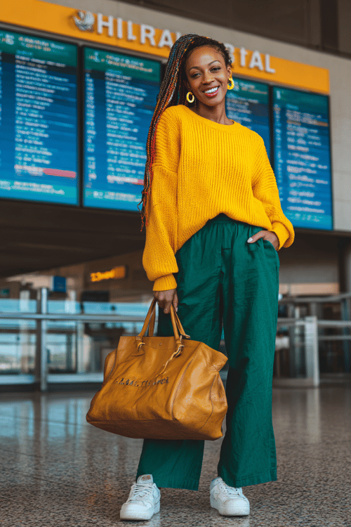 Black woman with colorful highlighted locs wearing a bold color-block outfit an oversized mustard yellow crewneck sweater over straight-leg forest green wide-leg pants
