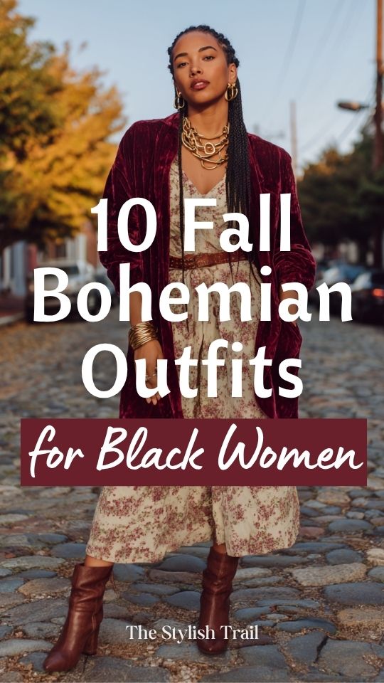 Black woman with fall bohemian outfit with a long braided hair wearing a rich burgundy velvet kimono jacket over a cream floral midi dress, stacked gold rings and layered chain necklaces