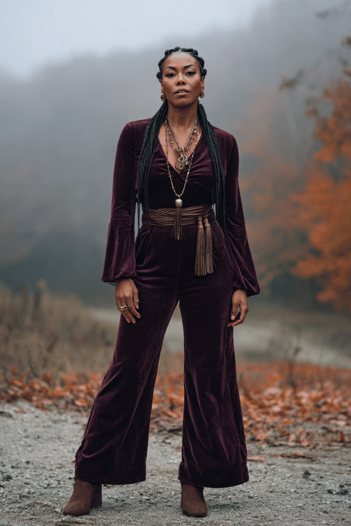 Black woman with goddess box braids wearing a luxurious deep plum velvet flared jumpsuit with wide sleeves, layered amber gemstone necklaces, a fringed suede waist belt