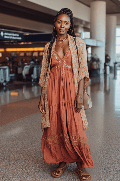 Black woman with goddess braids wearing a flowy tiered maxi dress in warm terracotta with gold embroidery details, layered with a lightweight linen kimono jacket, flat leather sandals