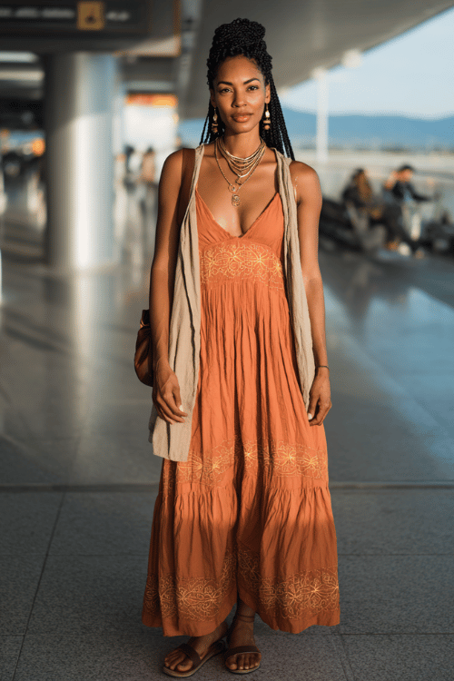 Black woman with goddess braids wearing a flowy tiered maxi dress in warm terracotta with gold embroidery details, layered with a lightweight linen kimono jacket