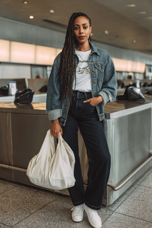 Black woman with long box braids wearing an oversized vintage denim jacket over a fitted white graphic tee and high-waist straight-leg dark wash jeans, with retro white sneakers