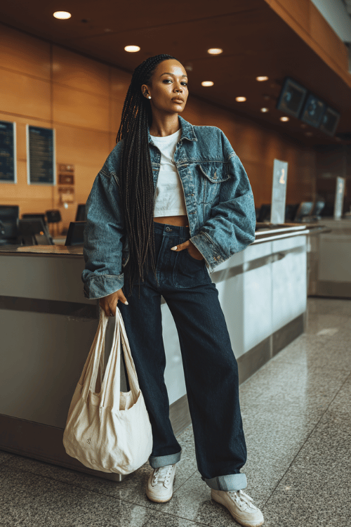 Black woman with long box braids wearing an oversized vintage denim jacket over a fitted white graphic tee and high-waist straight-leg dark wash jeans