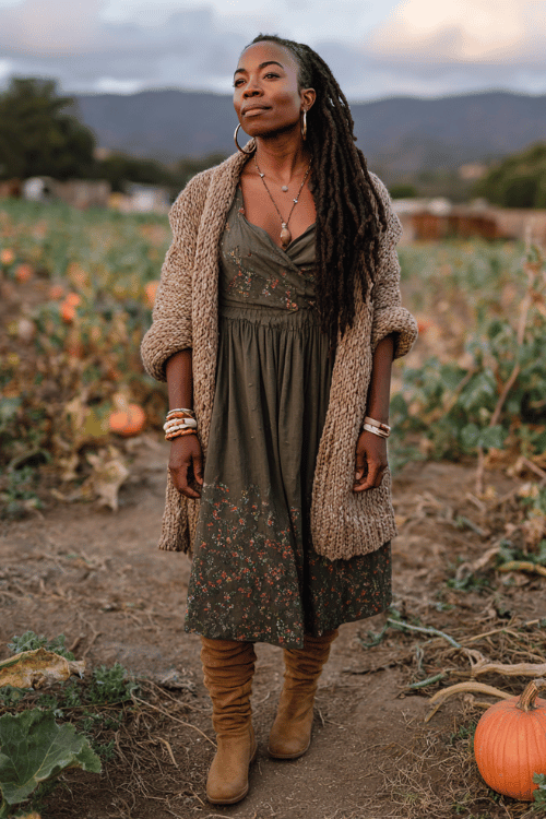 Black woman with long loc hairstyle wearing a deep olive wrap maxi dress with floral embroidery and flutter sleeves, a chunky knit earth-toned cardigan draped over her shoulders