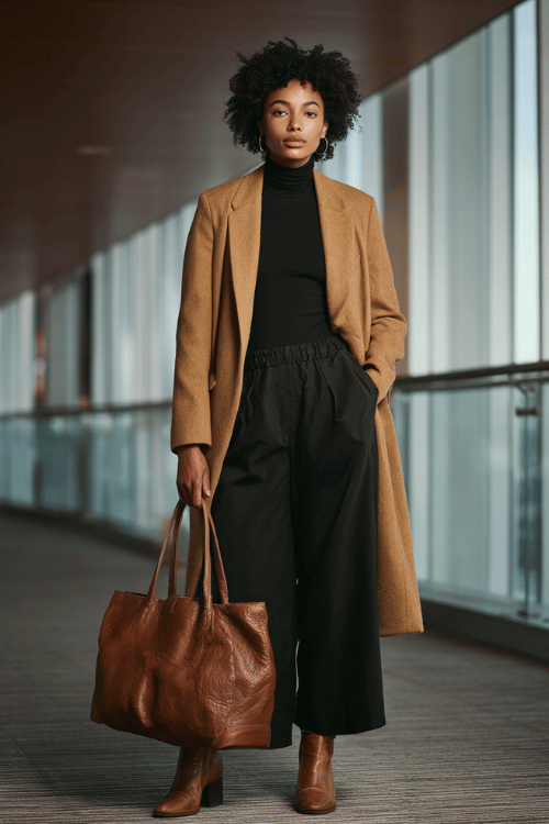 Black woman with natural coily hair wearing a tailored camel longline blazer over a fitted black turtleneck and wide-leg trousers, paired with leather ankle boots 