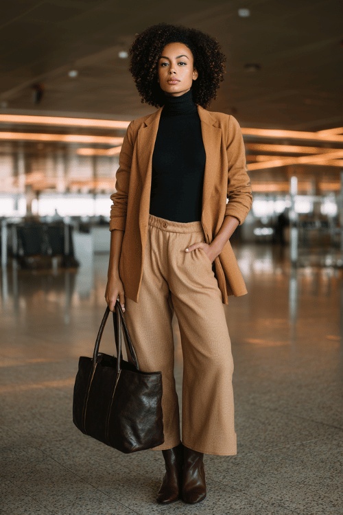 Black woman with natural coily hair wearing a tailored camel longline blazer over a fitted black turtleneck and wide-leg trousers, paired with leather ankle boots