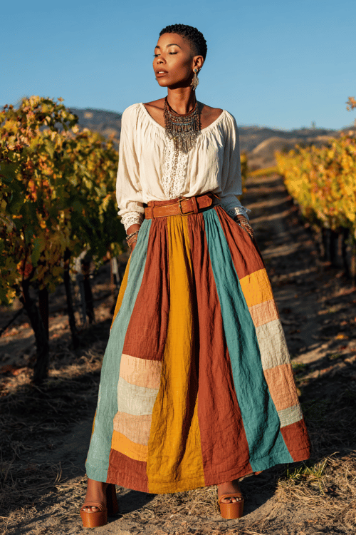 Black woman with short natural TWA hair wearing a colorful boho patchwork maxi skirt in terracotta, mustard, and teal, paired with a fitted cream peasant blouse with lace neckline