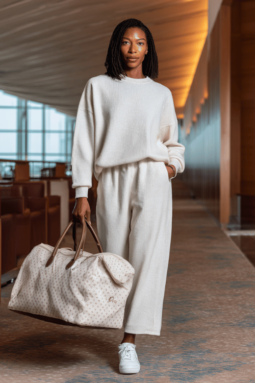 Black woman with sleek shoulder-length locs wearing a luxurious all-cream matching lounge set an oversized pullover and wide-leg pants in cashmere-soft fabric 