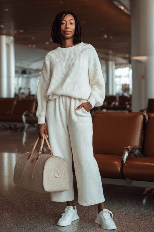 Black woman with sleek shoulder-length locs wearing a luxurious all-cream matching lounge set an oversized pullover and wide-leg pants in cashmere-soft fabric