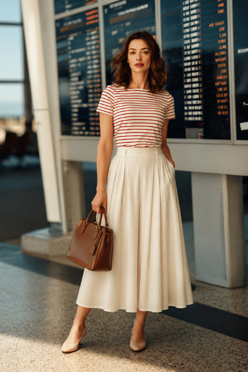 Chic woman in a Parisian aesthetic summer look a fitted short-sleeve striped Breton top tucked into a flowy high-waist midi skirt in soft neutral, with ballet flats and a structured leather handbag