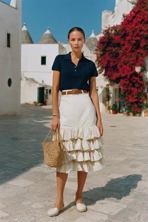 Full body editorial fashion photograph of a poised woman wearing a classic tiered ruffle midi skirt in soft ivory cotton paired with a fitted navy blue short-sleeve polo shirt neatly tucked in 