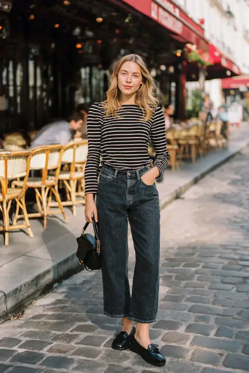 Full body editorial fashion photograph of a relaxed stylish woman wearing a classic black and white thin horizontal striped long-sleeve top tucked into high-waisted medium-wash wide-leg denim jeans