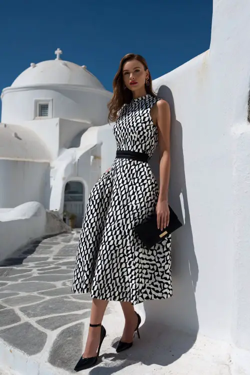 Full body editorial fashion photograph of an elegant woman wearing a classic black and white geometric print sleeveless midi dress with a fitted bodice and flared skirt