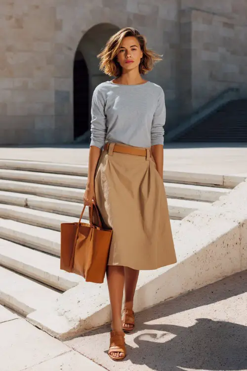 Full body editorial photograph of a casually elegant woman dressed in a classic soft heather grey relaxed-fit crewneck long-sleeve top tucked into high-waisted camel A-line midi skirt 