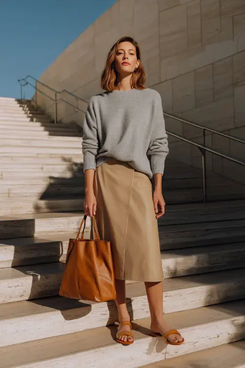 Full body editorial photograph of a casually elegant woman dressed in a classic soft heather grey relaxed-fit crewneck long-sleeve top tucked into high-waisted camel A-line midi skirt