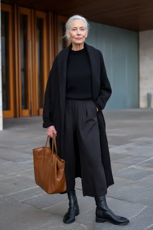 Full body editorial photograph of a gracefully sophisticated woman over 50 dressed in a classic monochrome all-black ensemble featuring a relaxed cashmere crewneck sweater 