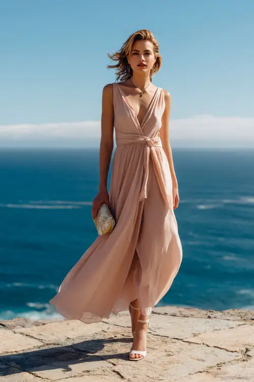 Full body editorial photograph of a sophisticated woman dressed in a floor-length sleeveless chiffon dress in soft blush rose with a gracefully flowing skirt and a delicate tied waist sash 