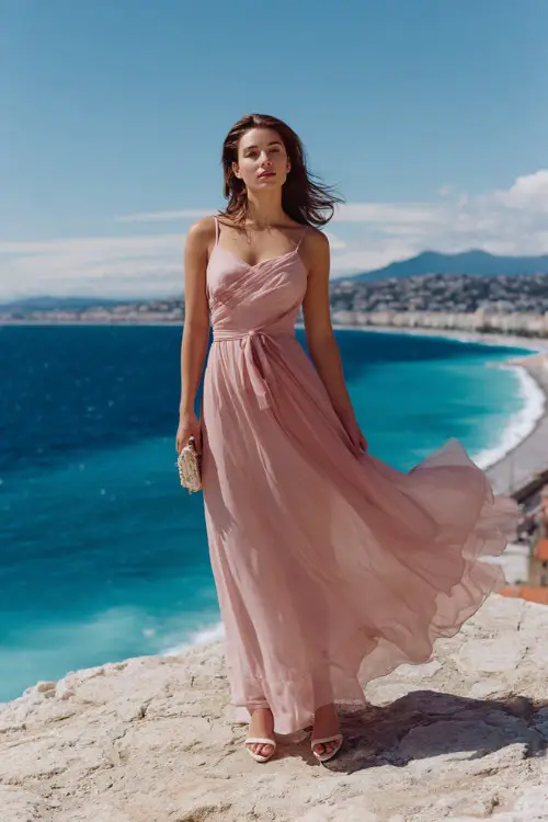 Full body editorial photograph of a sophisticated woman dressed in a floor-length sleeveless chiffon dress in soft blush rose with a gracefully flowing skirt and a delicate tied waist sash 