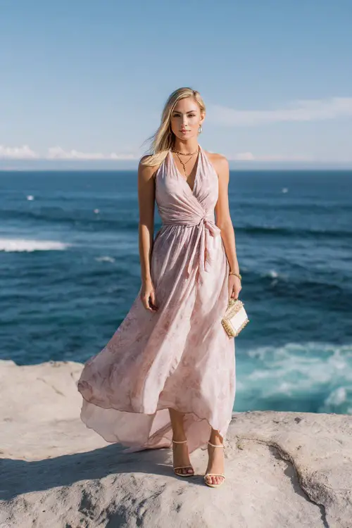 Full body editorial photograph of a sophisticated woman dressed in a floor-length sleeveless chiffon dress in soft blush rose with a gracefully flowing skirt and a delicate tied waist sash