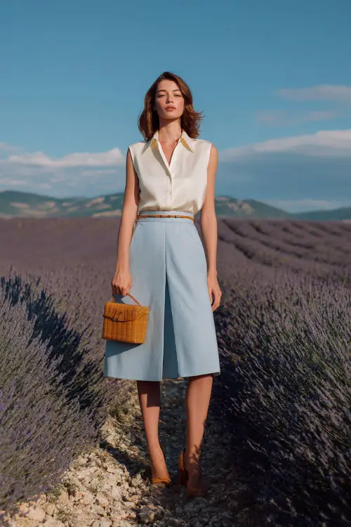 Full body editorial photograph of an elegant woman dressed in a sophisticated sleeveless silk blouse in soft ivory tucked into a high-waisted pleated midi skirt in light sky blue 