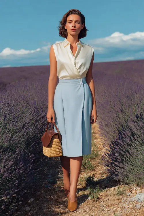 Full body editorial photograph of an elegant woman dressed in a sophisticated sleeveless silk blouse in soft ivory tucked into a high-waisted pleated midi skirt in light sky blue