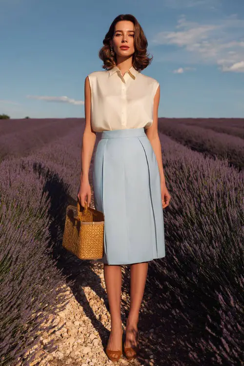 Full body editorial photograph of an elegant woman dressed in a sophisticated sleeveless silk blouse in soft ivory tucked into a high-waisted pleated midi skirt in light sky blue