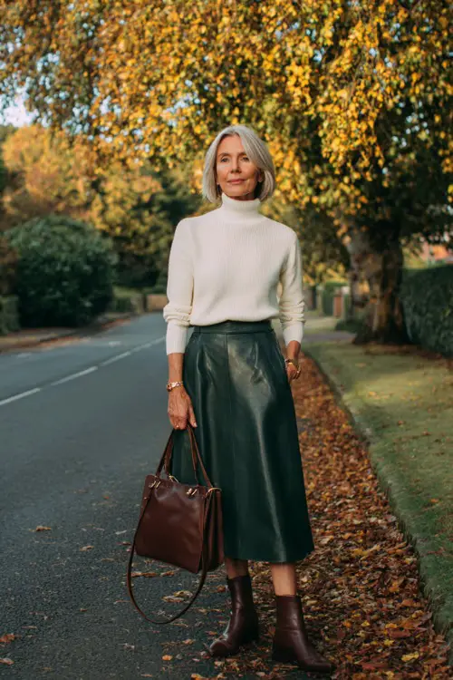 Full body editorial shot of a confident and stylish woman in her 50s dressed in a classic soft ivory cashmere turtleneck sweater tucked into a high-waisted A-line midi skirt in deep forest green 