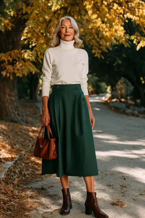 Full body editorial shot of a confident and stylish woman in her 50s dressed in a classic soft ivory cashmere turtleneck sweater tucked into a high-waisted A-line midi skirt in deep forest green