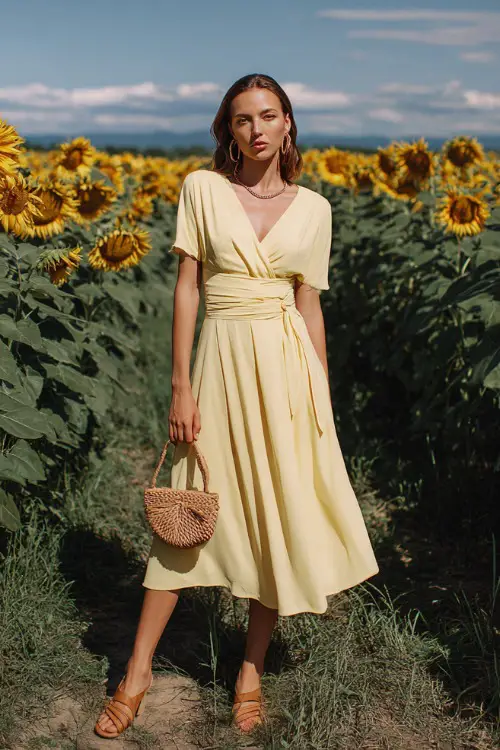 Full body editorial shot of a graceful woman wearing a flowing classic pastel yellow midi wrap dress with short sleeves and a V-neckline