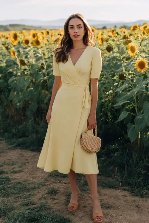 Full body editorial shot of a graceful woman wearing a flowing classic pastel yellow midi wrap dress with short sleeves and a V-neckline 