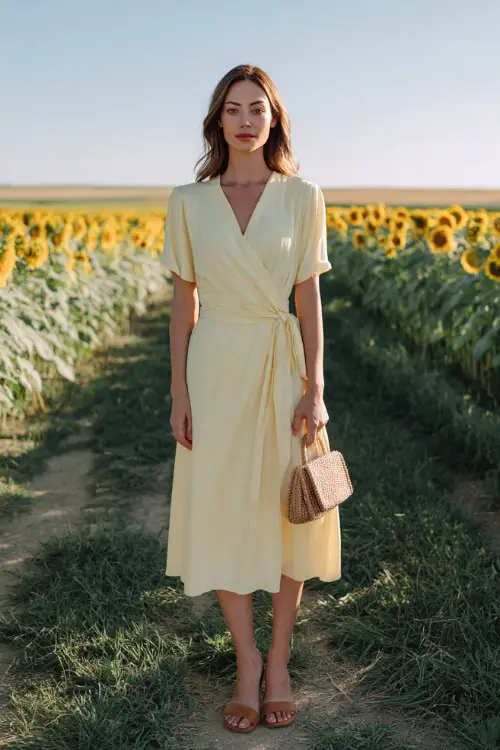Full body editorial shot of a graceful woman wearing a flowing classic pastel yellow midi wrap dress with short sleeves and a V-neckline