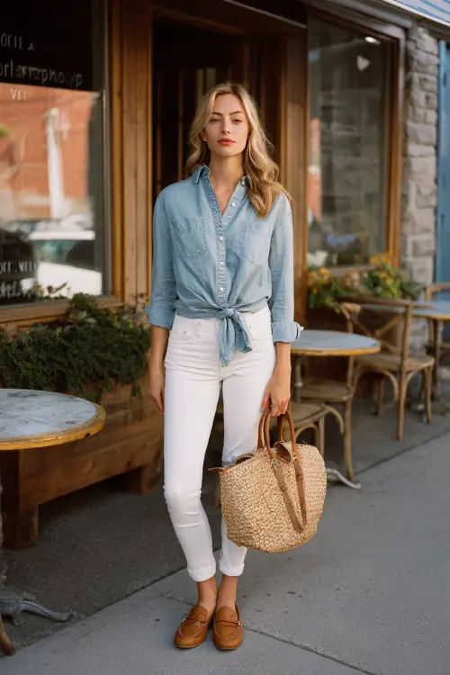 Full body editorial shot of a laid-back elegant woman wearing a classic light blue chambray button-down shirt tied at the waist over a pair of well-fitted white slim ankle-length trousers