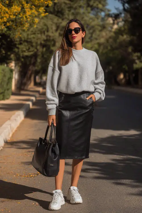 Full body fashion photograph of a casual chic woman dressed in a classic oversized soft grey crewneck sweatshirt tucked loosely into a high-waisted black tailored midi skirt