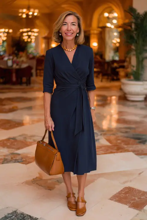 Full body fashion photograph of a graceful woman in her mid-50s wearing a classic navy blue wrap midi dress with three-quarter sleeves and a flattering belted waist 