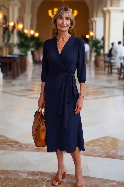 Full body fashion photograph of a graceful woman in her mid-50s wearing a classic navy blue wrap midi dress with three-quarter sleeves and a flattering belted waist