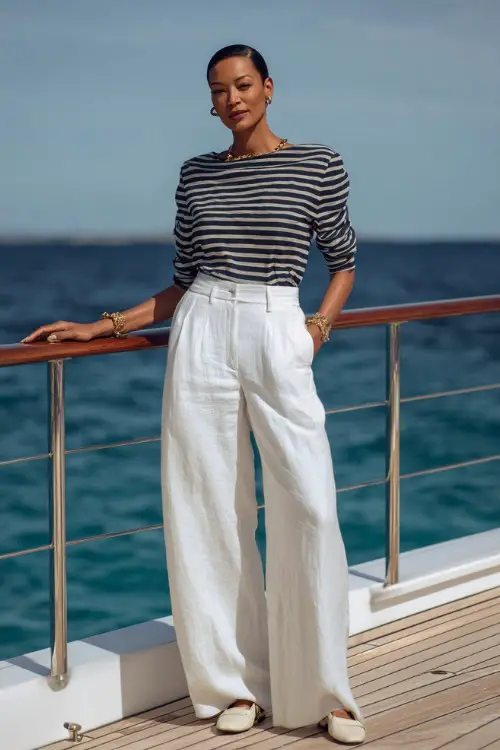 Full body fashion photograph of a stylish woman dressed in a timeless navy blue and white striped linen top tucked into high-waisted white wide-leg linen trousers