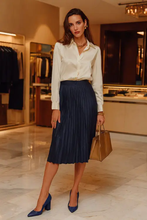 Full body fashion photograph of an elegant woman dressed in a timeless pleated midi skirt in rich navy blue paired with a classic fitted ivory silk blouse with delicate pearl buttons tucked in