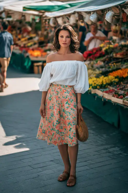 Full body fashion portrait of a chic woman in a crisp white off-shoulder linen blouse tucked into a high-waisted floral midi skirt in soft coral and green tones 