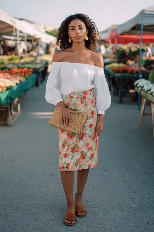 Full body fashion portrait of a chic woman in a crisp white off-shoulder linen blouse tucked into a high-waisted floral midi skirt in soft coral and green tones 
