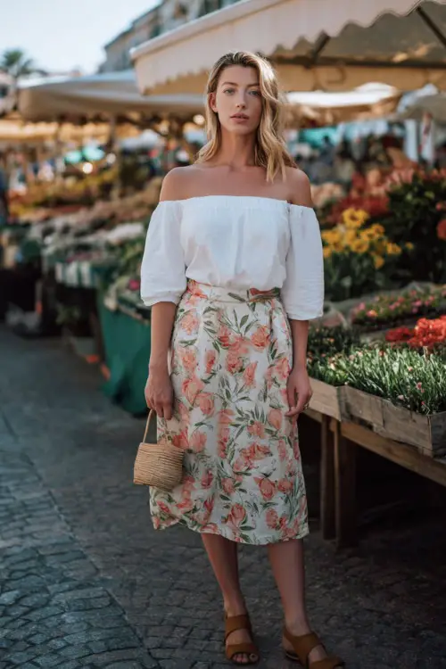 Full body fashion portrait of a chic woman in a crisp white off-shoulder linen blouse tucked into a high-waisted floral midi skirt in soft coral and green tones
